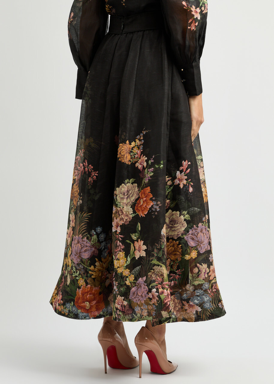 Zimmermann Pavillion Floral-print Linen-blend Midi Skirt