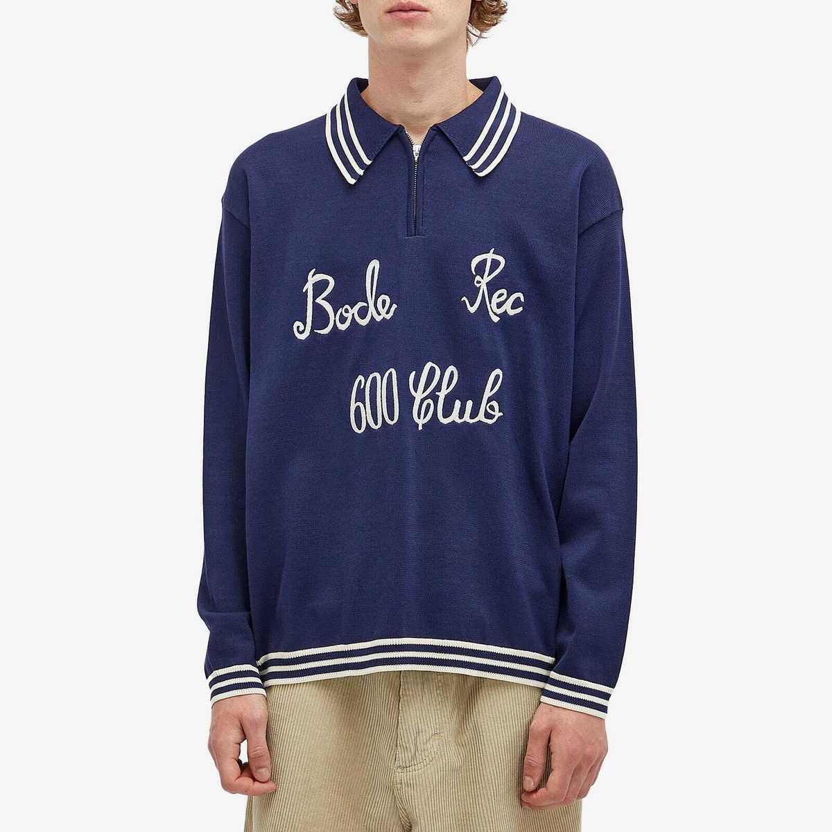 BODE Men's Club Long Sleeve Zip Polo in Navy Bode