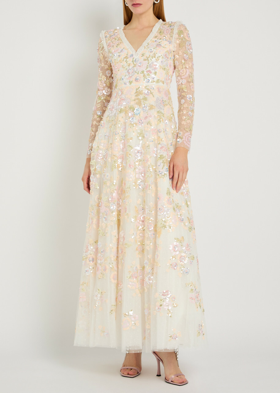 Needle & Thread Sequin Paradise Floral-embellished Tulle Gown White