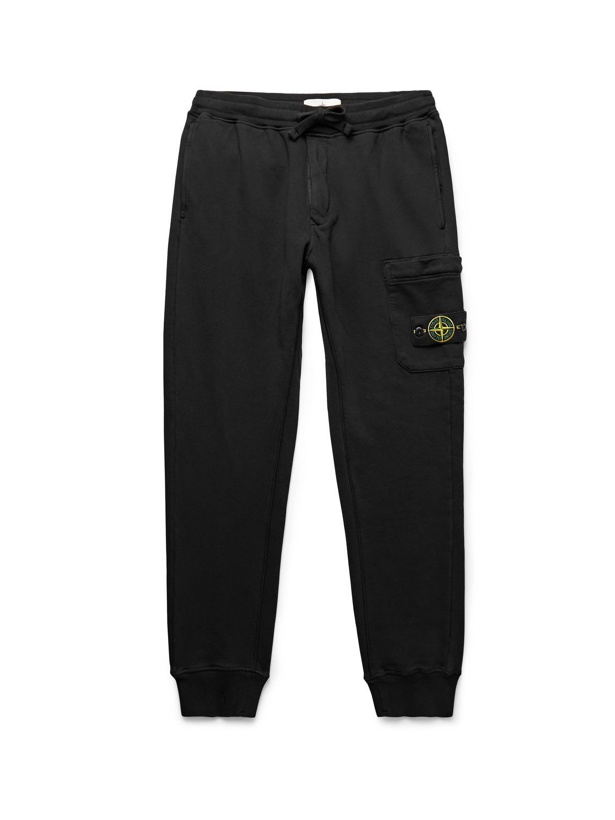 Photo: Stone Island - Logo-Appliquéd Slim-Fit Tapered Loopback Cotton-Jersey Sweatpants - Black