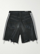 Balenciaga - adidas Wide-Leg Distressed Striped Denim Shorts - Black