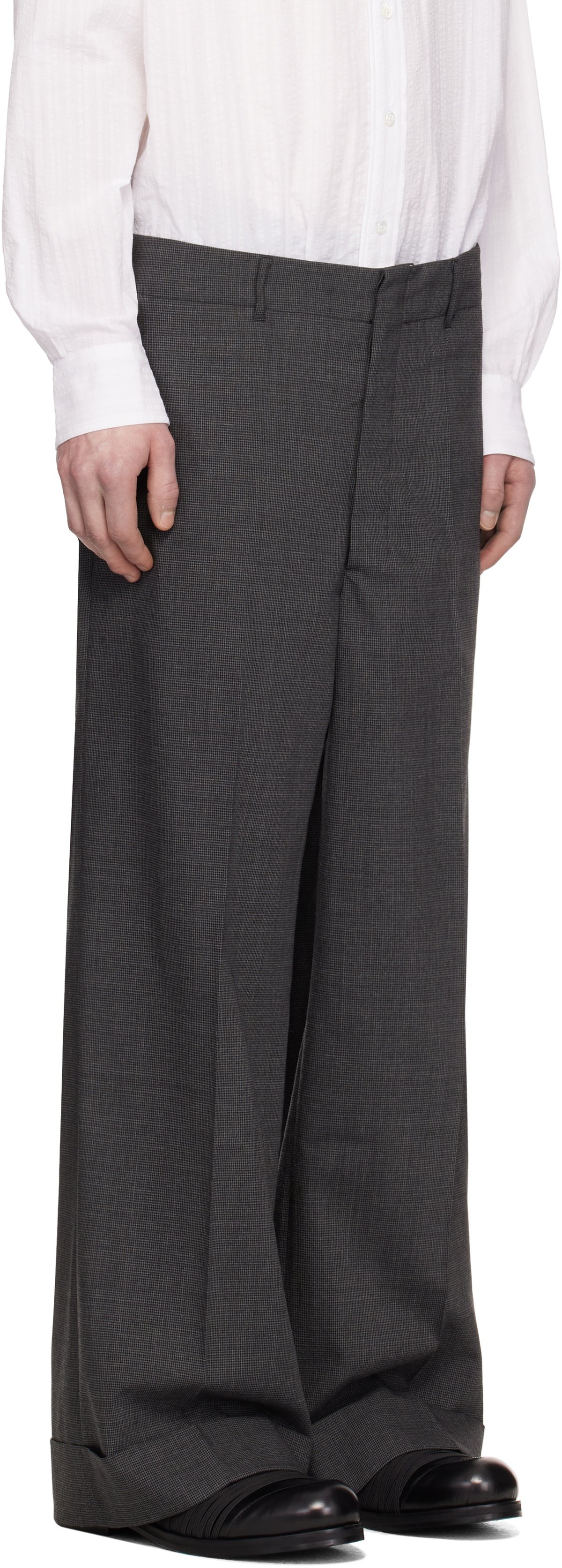 Random Identities Gray Houndstooth Wool Blend Large Suit Trousers