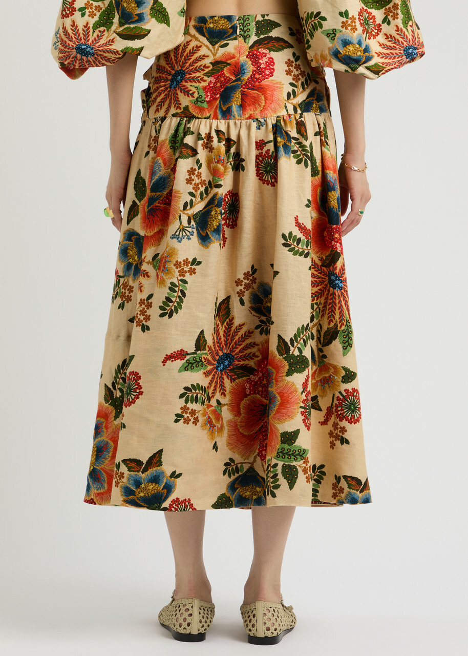 Farm Rio Delicate Garden Printed Linen Midi Skirt Cream