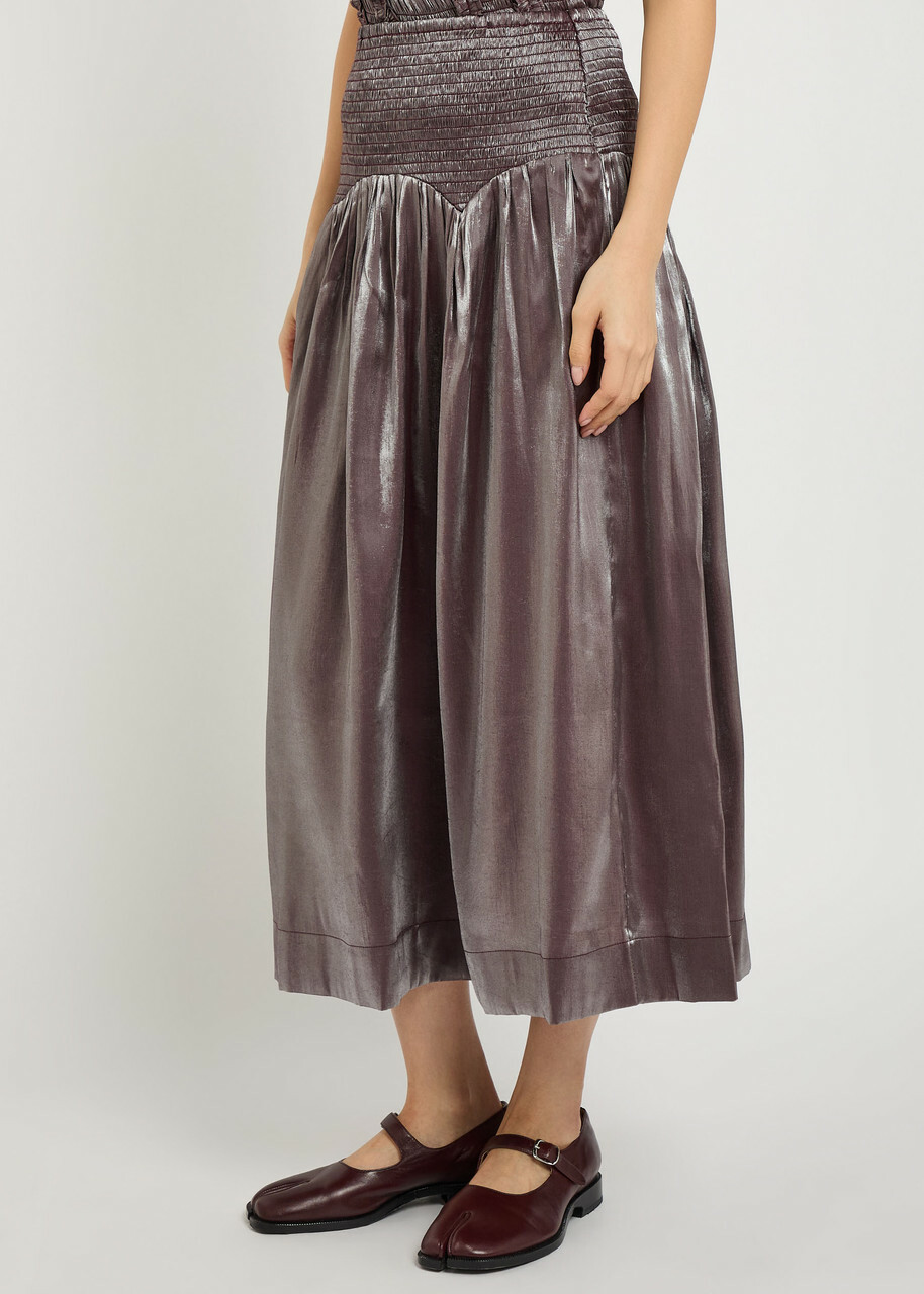 Damson Madder Layla Shirred Pearlescent Satin Midi Ksirt Purple
