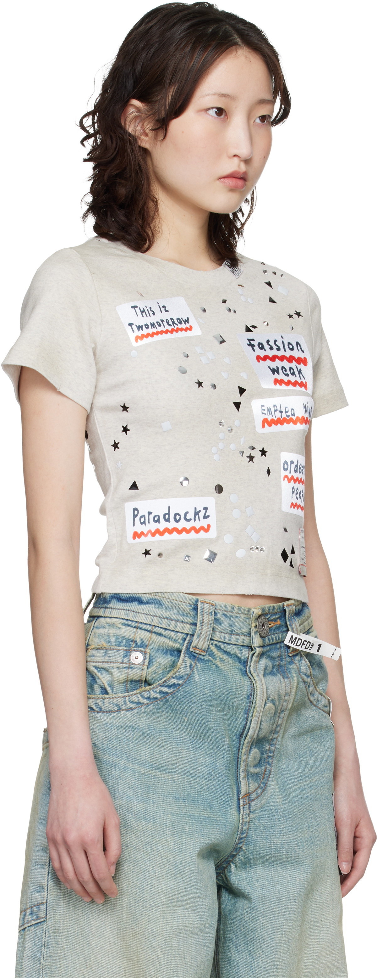 Maison MIHARA YASUHIRO Taupe Embellished Sticker Mini T-shirt