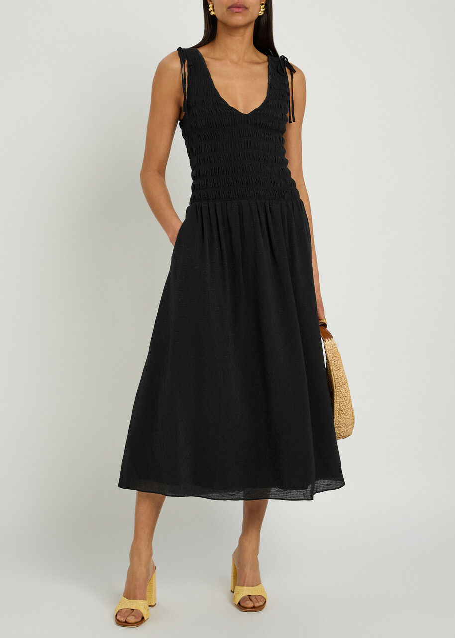 Paige Sebestian Shirred Woven Midi Dress Black