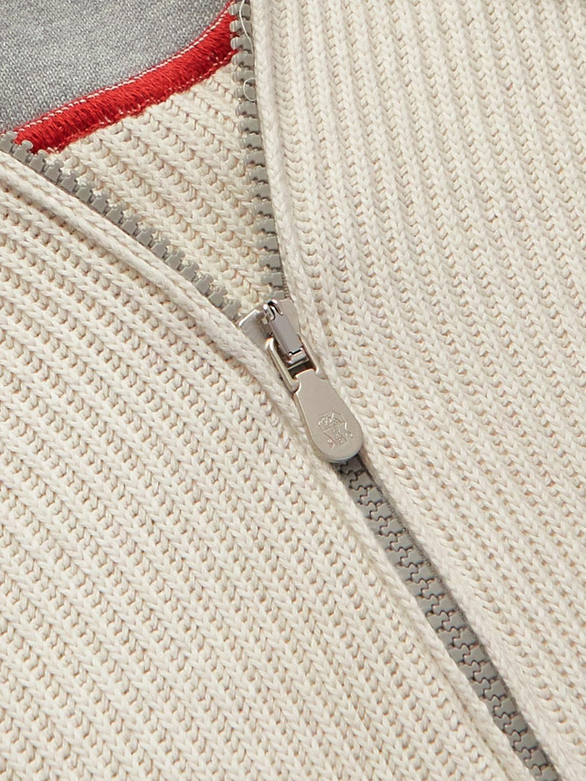 Brunello Cucinelli - Logo-Embroidered Ribbed Cotton Zip-Up Hoodie - Neutrals