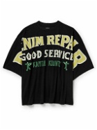 KAPITAL - Denim Repair Oversized Printed Cotton-Jersey T-Shirt - Black