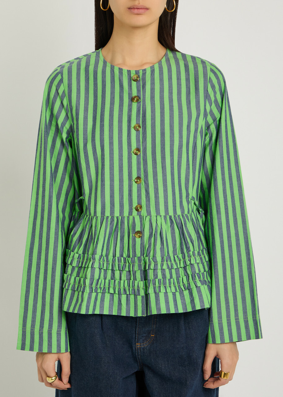 Damson Madder Madison Striped Cotton Blouse Green