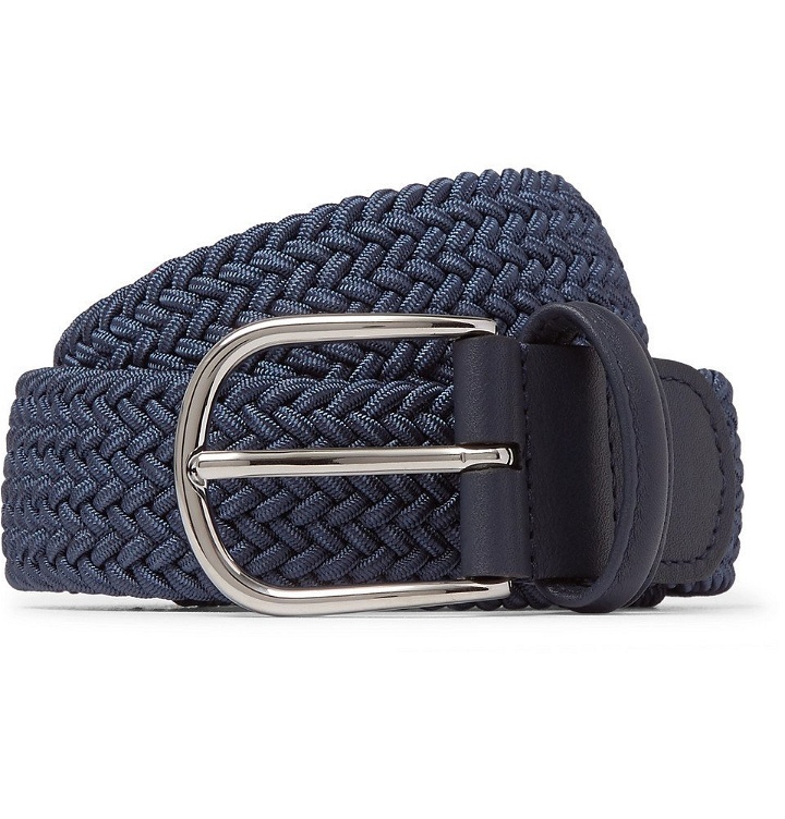 Photo: Anderson's - 3.5cm Navy Leather-Trimmed Woven Elastic Belt - Men - Blue