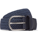 Anderson's - 3.5cm Navy Leather-Trimmed Woven Elastic Belt - Men - Blue