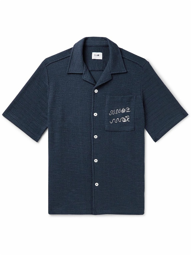 Photo: NN07 - Julio Camp-Collar Logo-Embroidered Cotton-Blend Bouclé Shirt - Blue