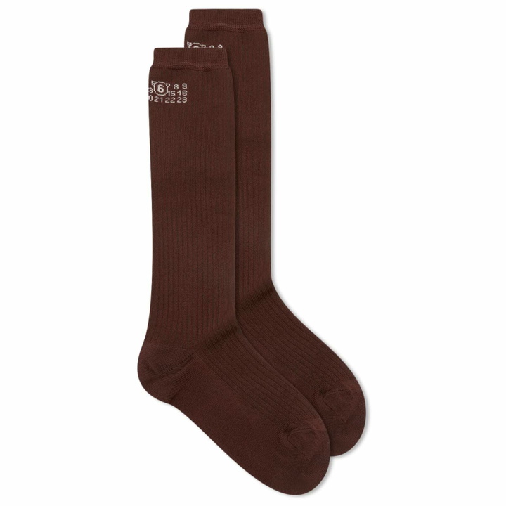 Photo: MM6 Maison Margiela Women's Long Logo Socks in Coffee Brown