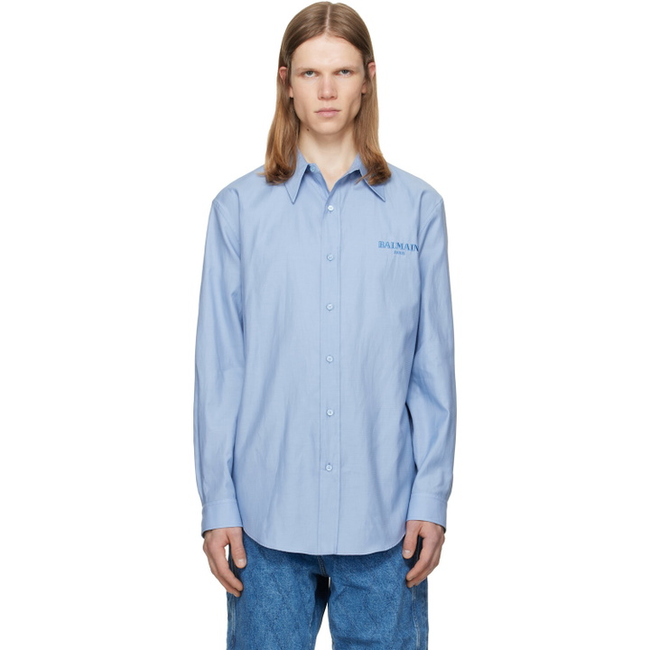Photo: BALMAIN Blue Herringbone Poplin Regular Shirt