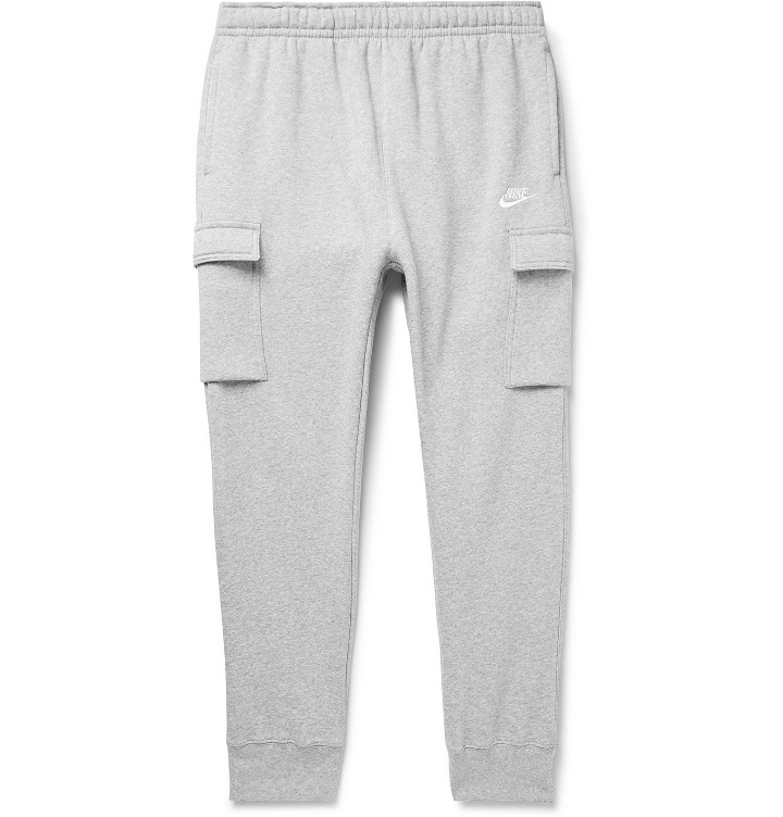 Photo: Nike - Sportswear Club Slim-Fit Tapered Fleece-Back Cotton-Blend Jersey Cargo Sweatpants - Gray