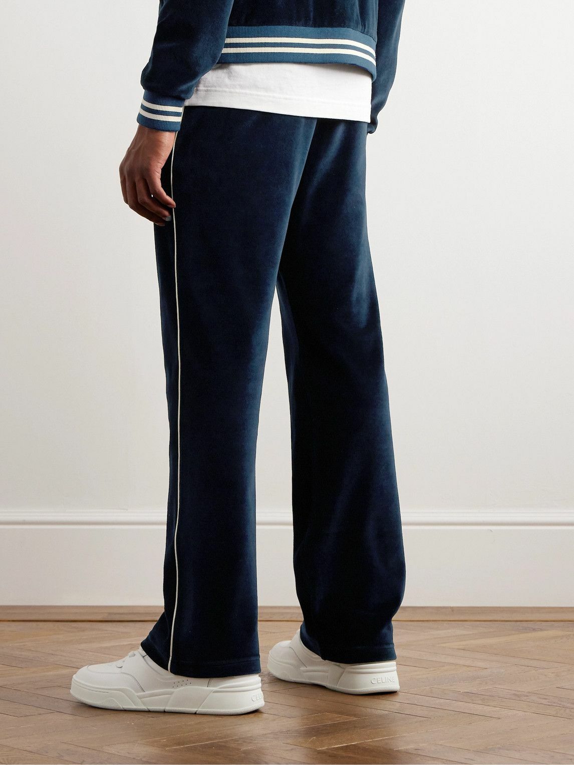 CELINE - Straight-Leg Logo-Embroidered Cotton-Blend Velour Track Pants - Blue