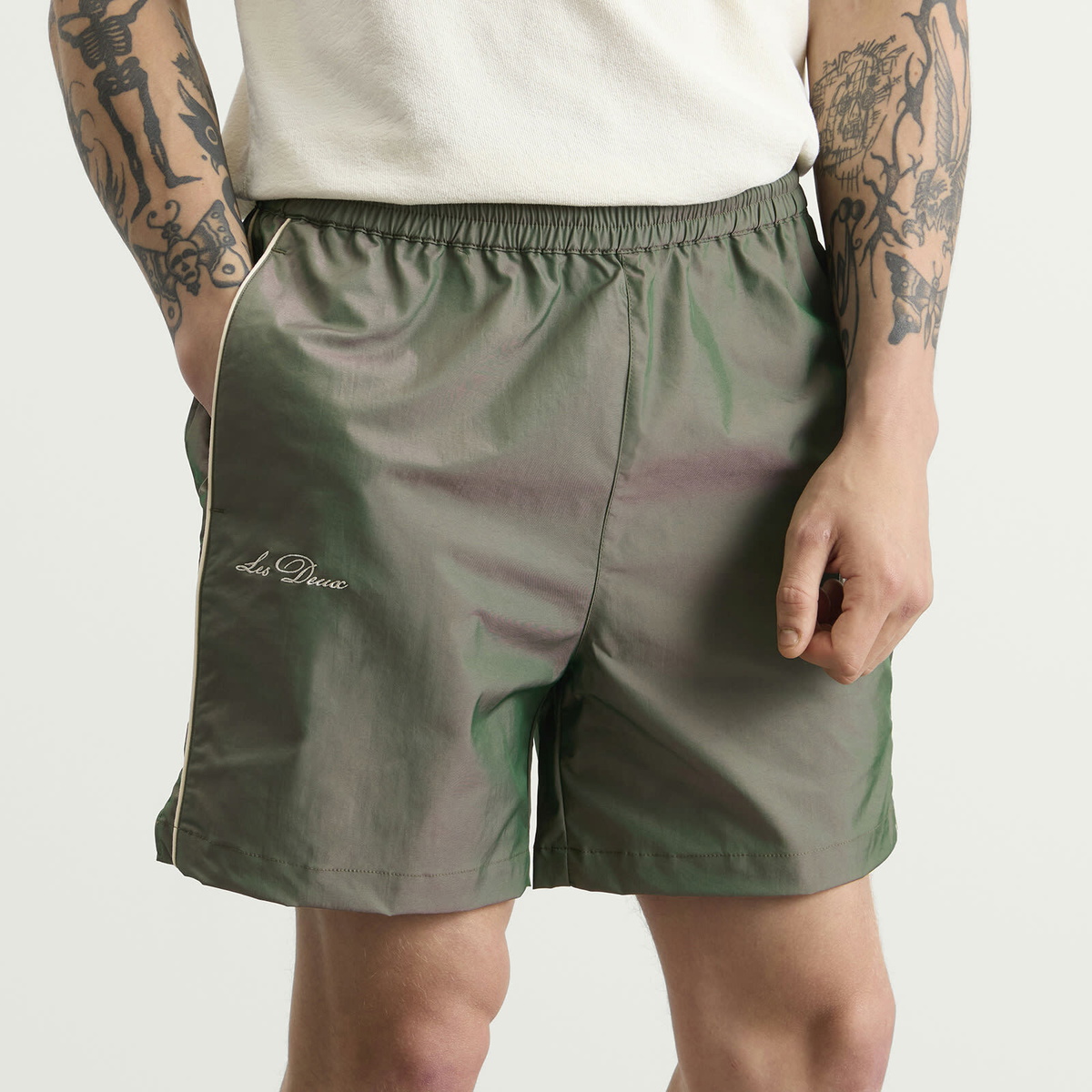 Les Deux Men's Prince Shiny Shorts in Pineneedle Green