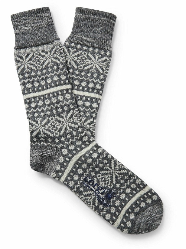 Photo: Corgi - Fair Isle Merino Wool and Cotton-Blend Jacquard Socks - Gray