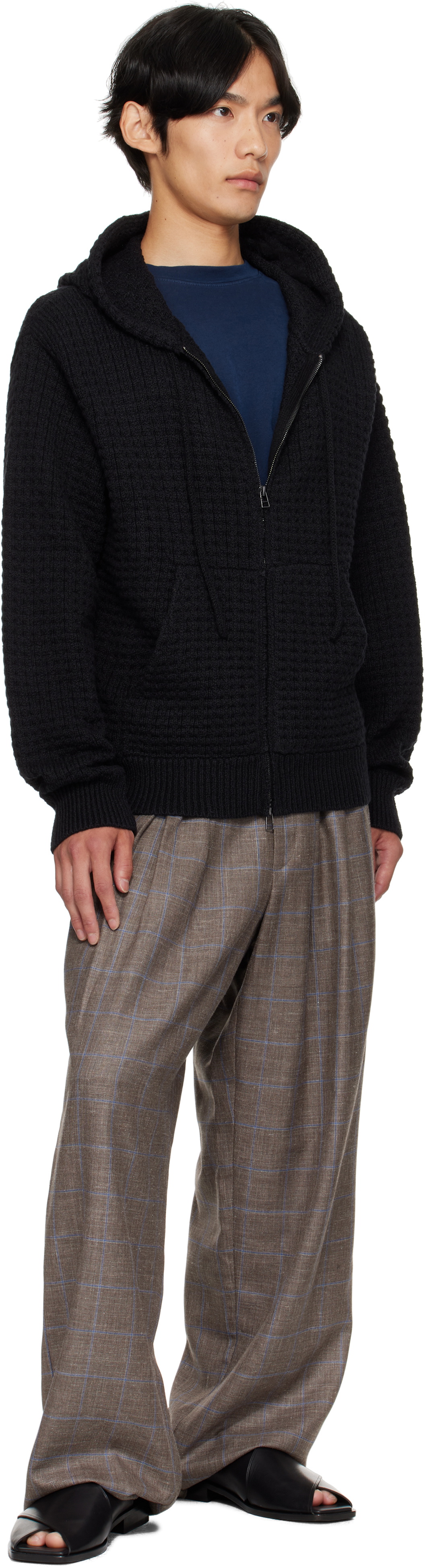 The Elder Statesman Black Nora Lite Check Zip Hoodie
