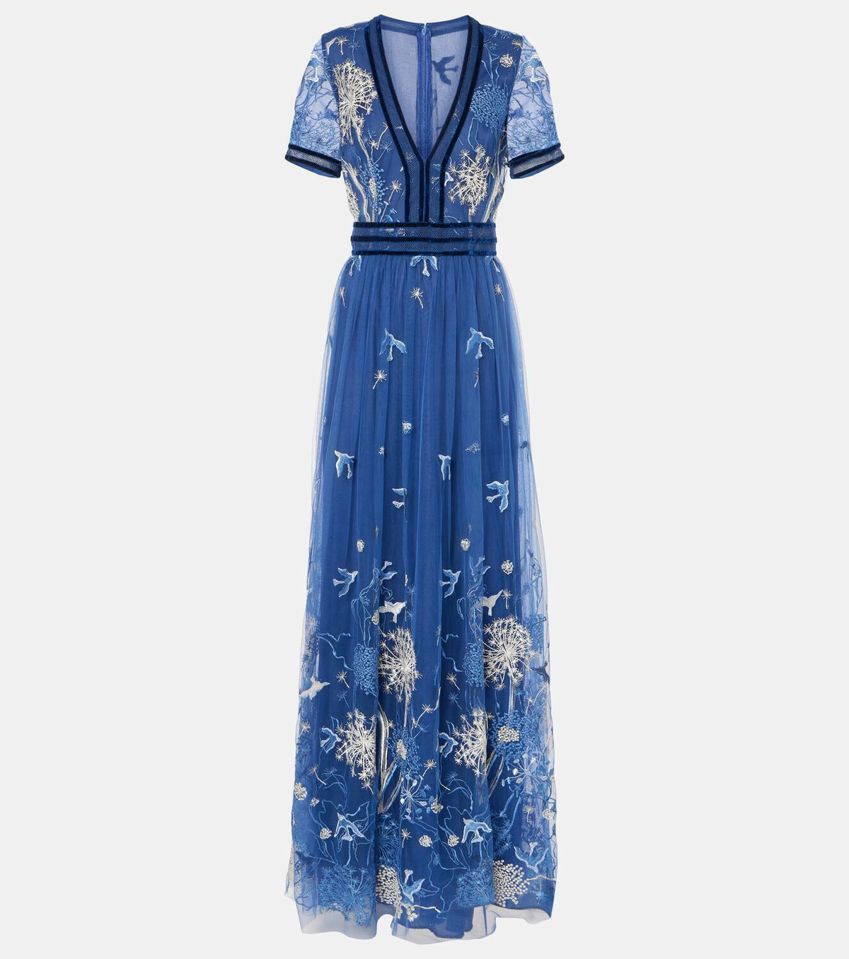 sachin and babi light blue dress Ignite Evenings Embroidered Soutache Floral Lace Illusion Round Neck Short  Sleeve Midi Dress at Hamilton Place in Chattanooga, TN main image 0