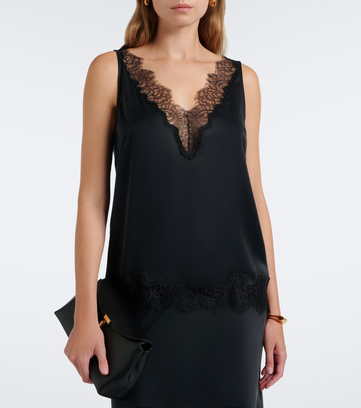 Velvet Lace-trimmed silk satin top