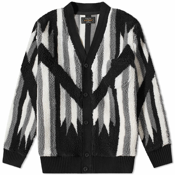 Photo: Beams Plus Men's Native Rag Pattern Boa Fleece Cardigan in Black