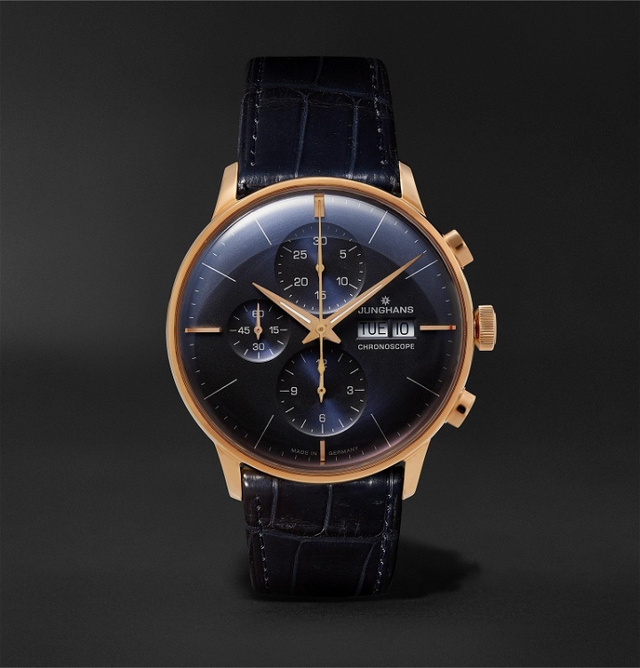 Photo: Junghans - Meister Chronoscope 40mm Gold-Tone and Alligator Watch, Ref. No. 027/7924.01 - Blue