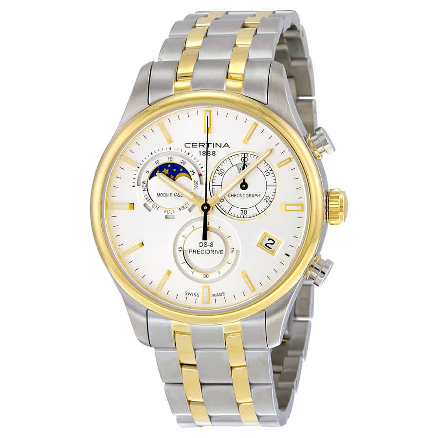 Certina ds 8 chrono moonphase silver dial two tone mens watch