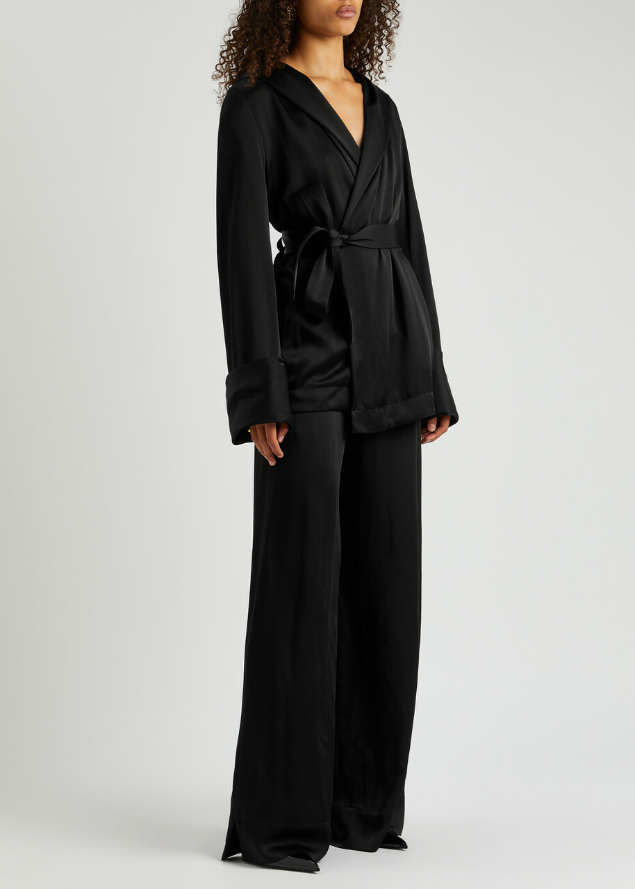 Saint Laurent Women's Black Belted Hooded Satin Wrap Jacket