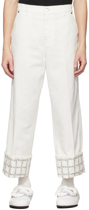 Photo: JW Anderson Off-White Wide-Leg Logo Grid Cuff Jeans