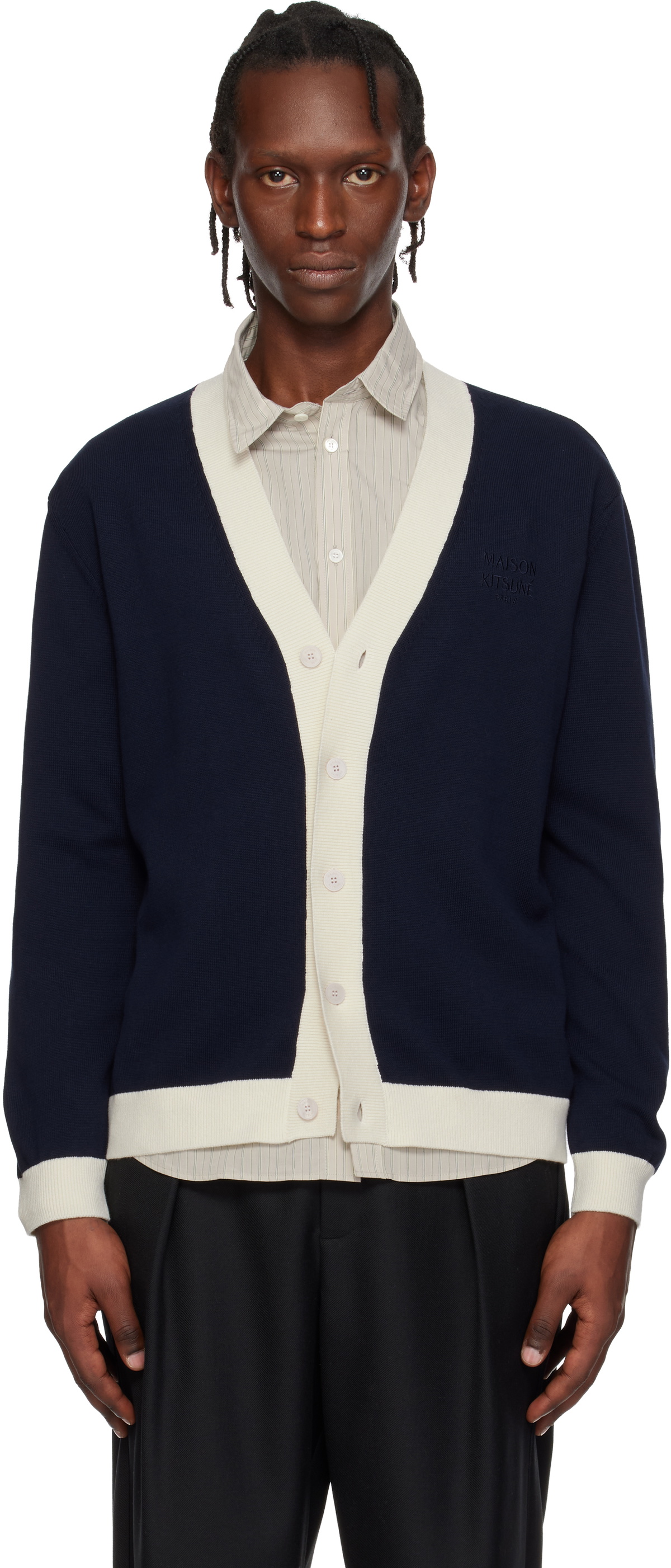 Maison Kitsuné Navy Contrasted Cotton Comfort Cardigan Maison Kitsune