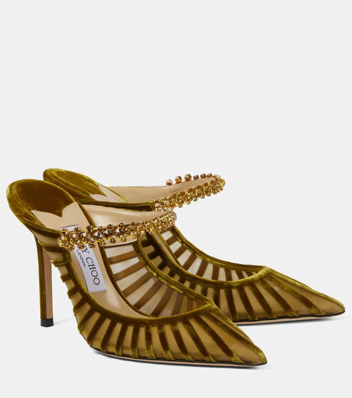 Jimmy Choo Bing 100 embellished velvet and mesh mules Jimmy Choo
