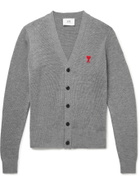 AMI PARIS - Slim-Fit Logo-Embroidered Merino Wool Cardigan - Gray