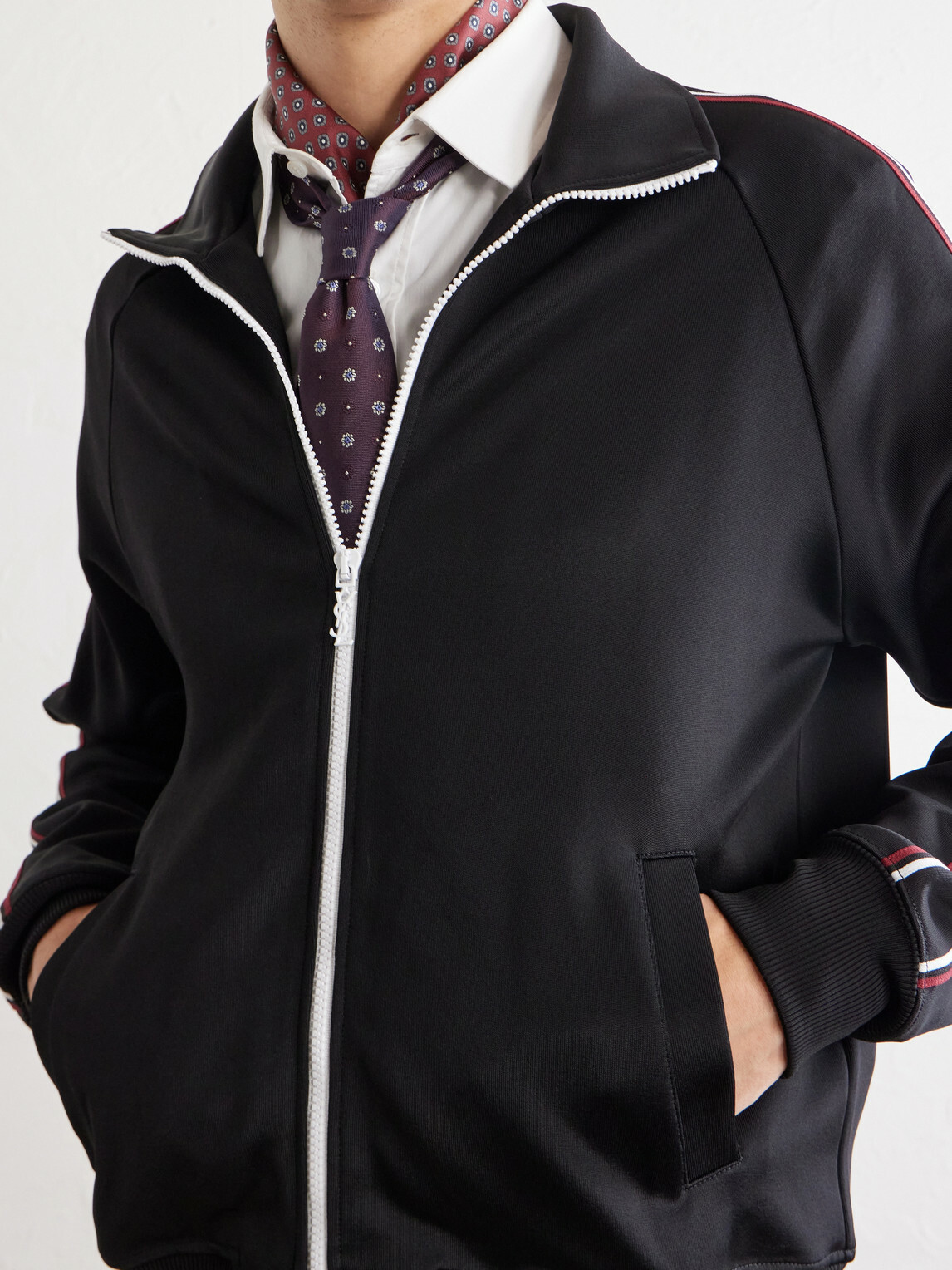 SAINT LAURENT - Logo-Detailed Striped Stretch-Jersey Zip-Up Sweatshirt - Black
