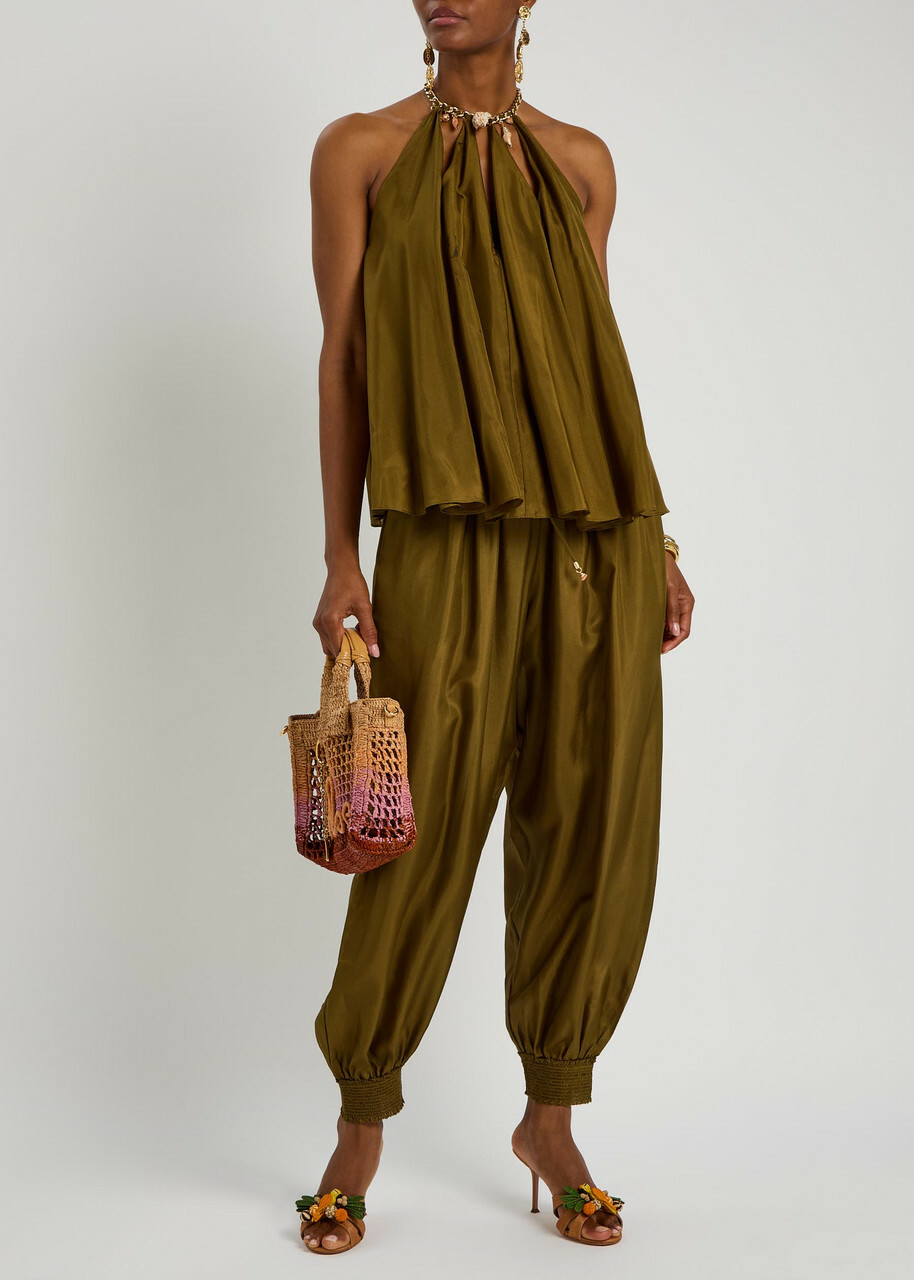Zimmermann Mohon Cuffed Silk Trousers Olive