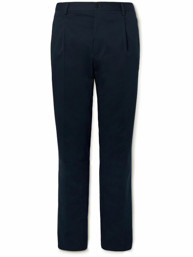 Photo: Etro - Slim-Fit Pleated Stretch-Cotton Twill Trousers - Blue