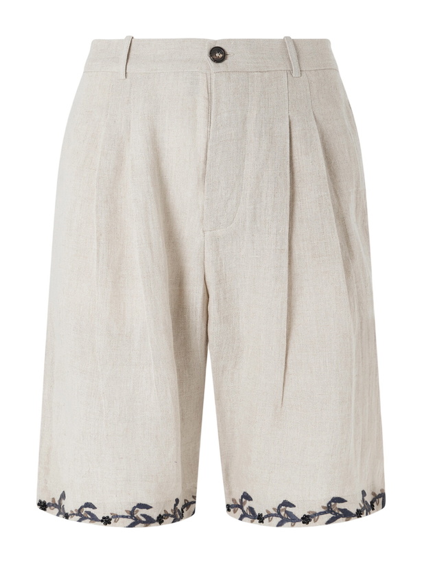 Photo: Kartik Research - Straight-Leg Pleated Embroidered Linen Shorts - Neutrals