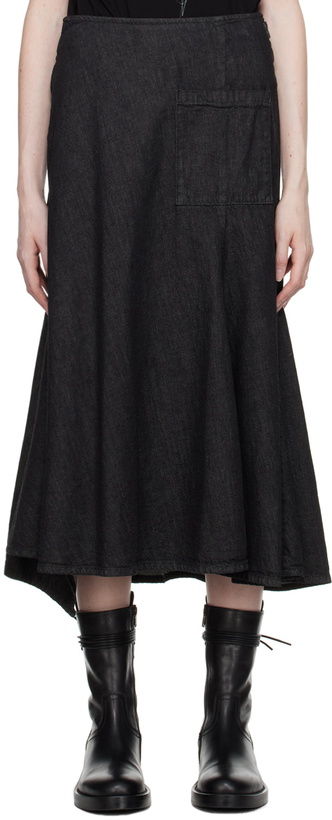 Photo: Yohji Yamamoto Black Asymmetrical Denim Midi Skirt