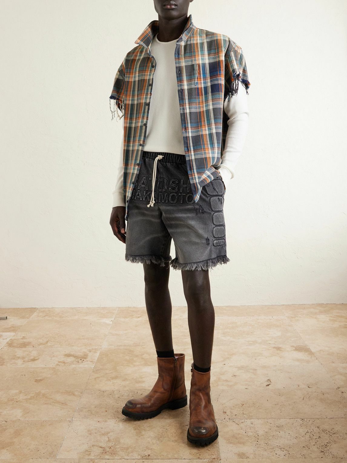 Satoshi Nakamoto - Straight-Leg Fringed Padded Denim Shorts