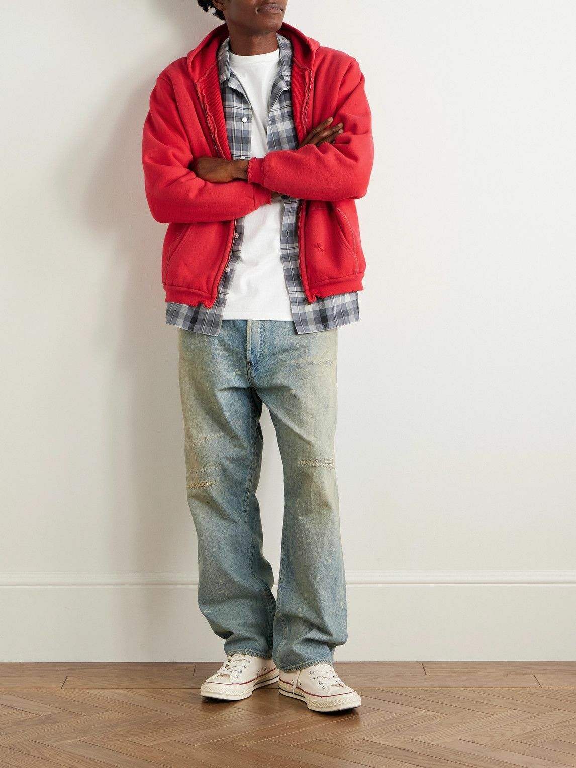 A.PRESSE - Vintage Cotton-Jersey Zip-Up Hoodie - Red