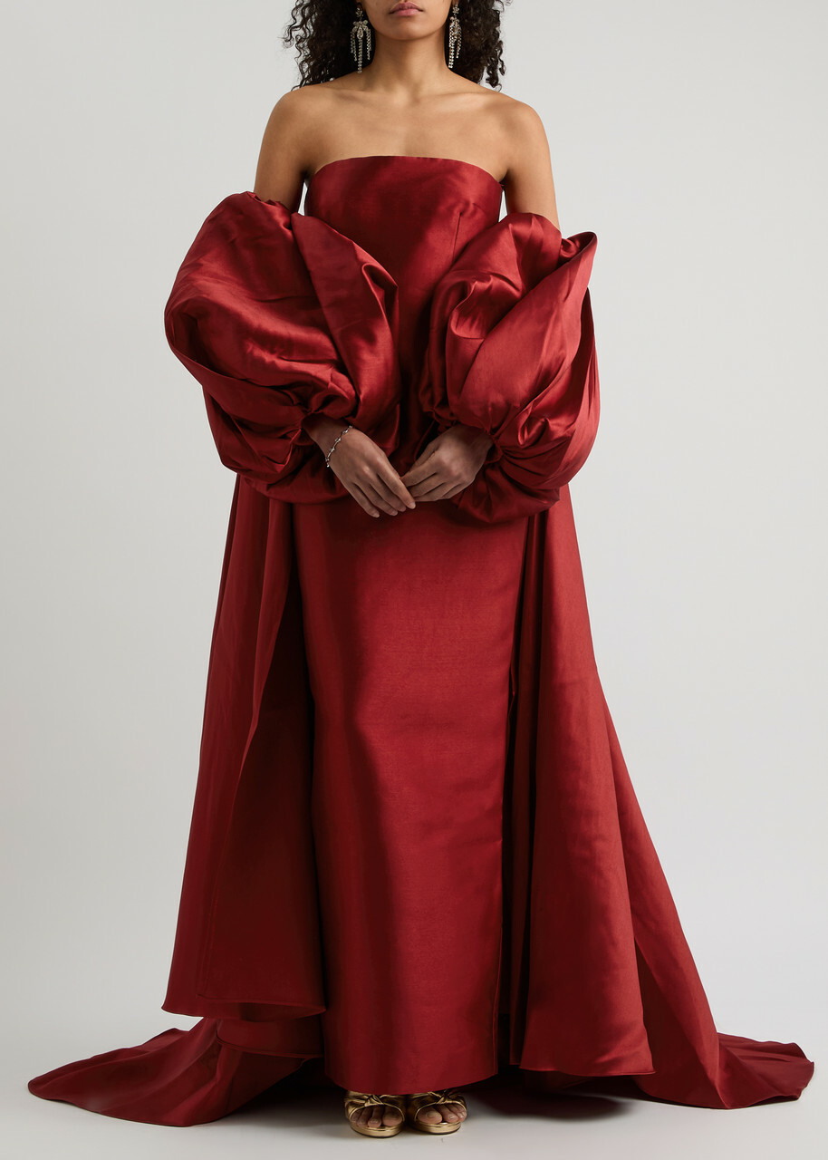 Solace London Lea Cape-effect Faille Gown Dark Red