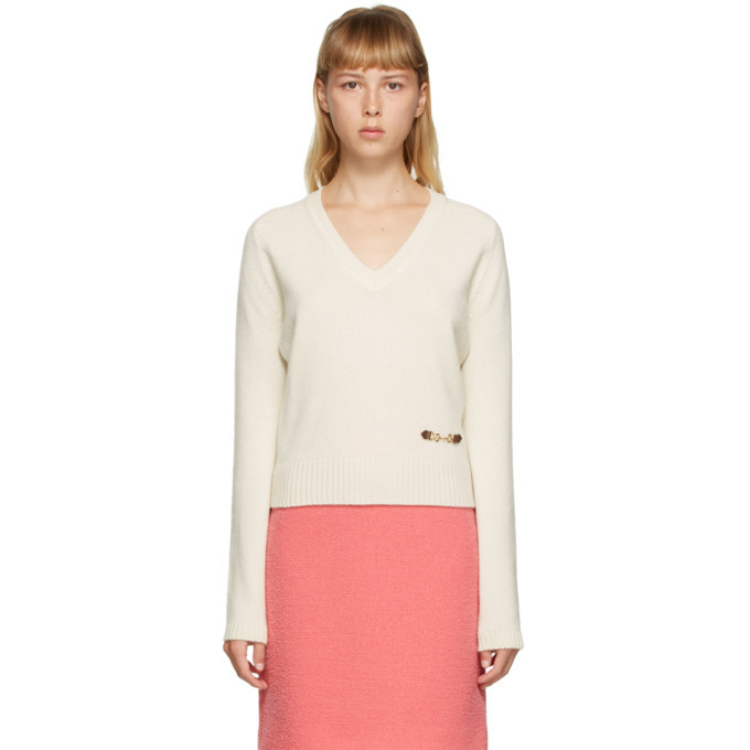 Gucci Off-White Cashmere Horsebit V-Neck Sweater Gucci