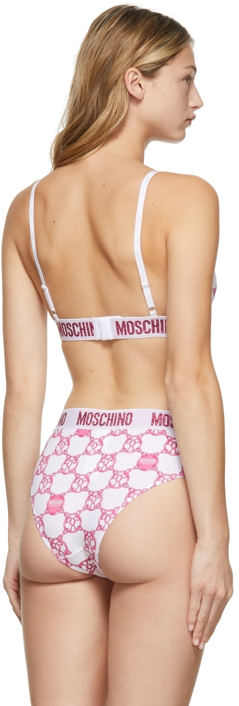 Moschino White & Pink Chain Print Triangle Bra Moschino