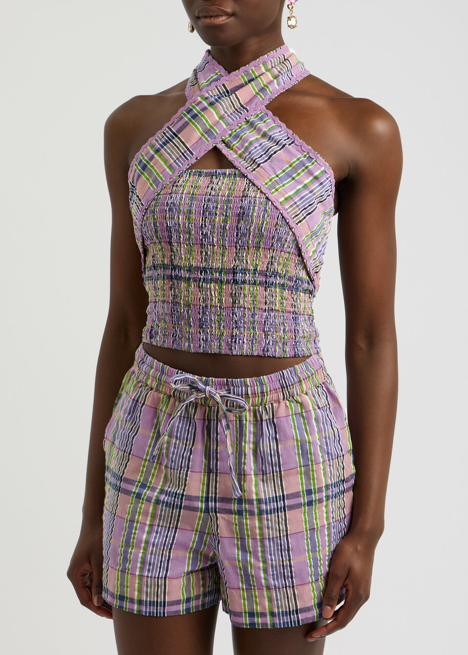 Damson Madder Pia Checked Cropped Cotton top Lilac Damson Madder
