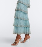 Costarellos Crystal-embellished tiered mesh gown