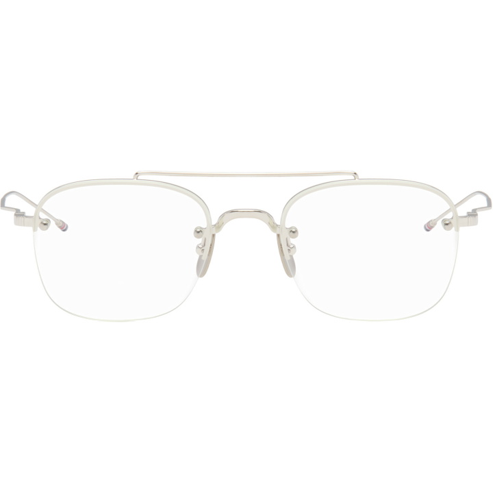 Photo: Thom Browne Silver Titanium Semi-Rimless Pilot Glasses