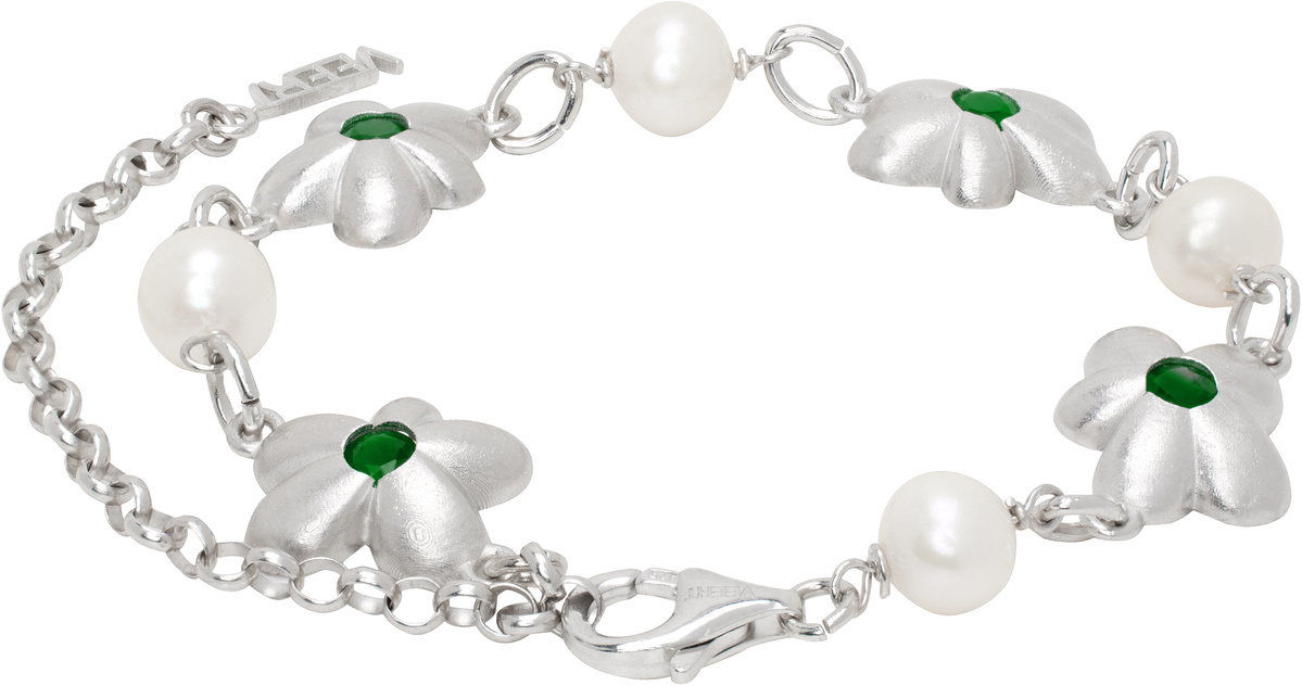 VEERT White Gold 'The Green Pearl Flower' Bracelet
