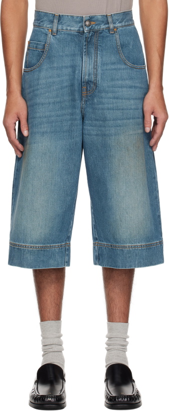 Photo: Palm Angels Blue Lasered Curved Logo Denim Shorts