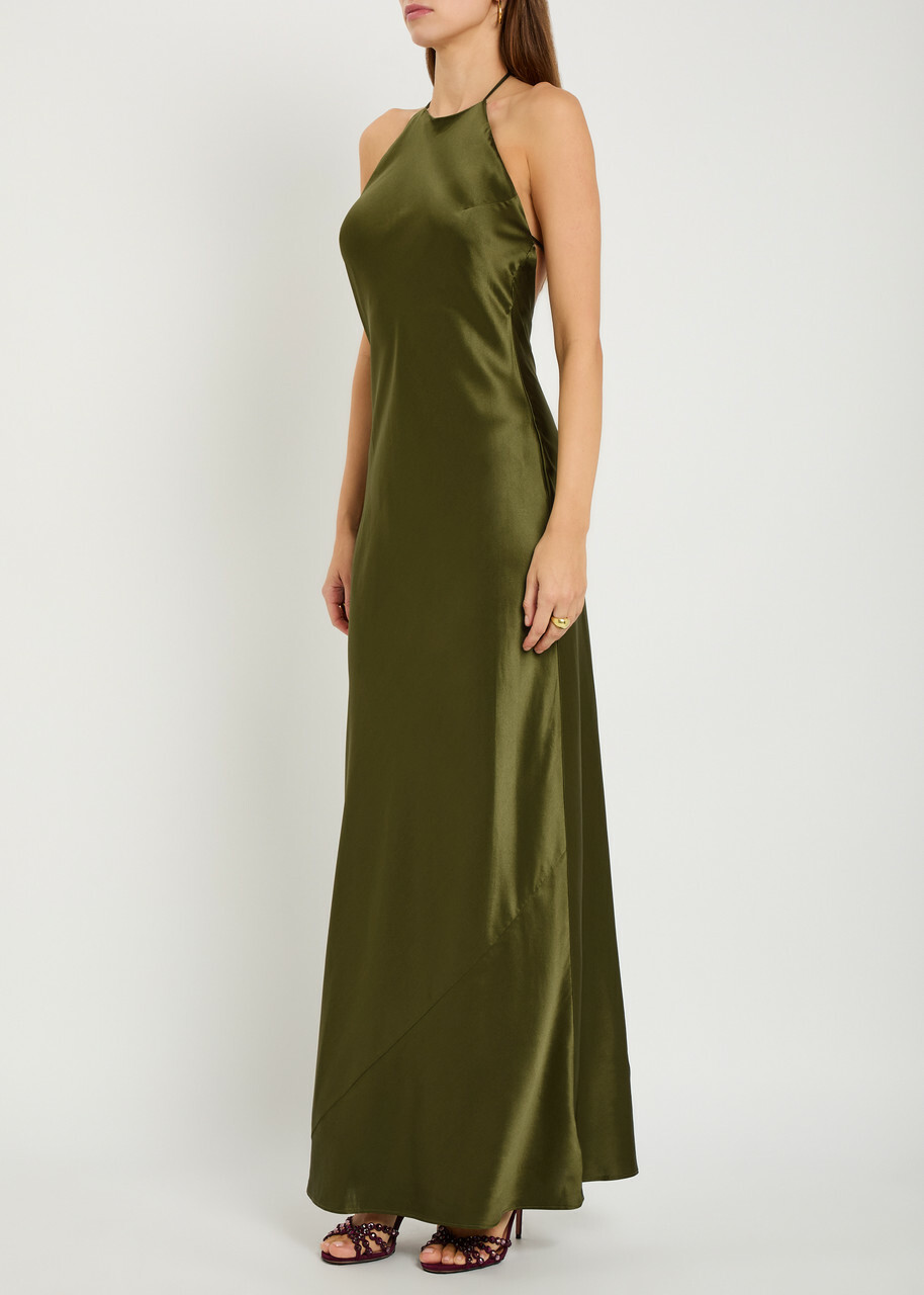 Reformation Jeany Halterneck Silk Maxi Dress Dark Green