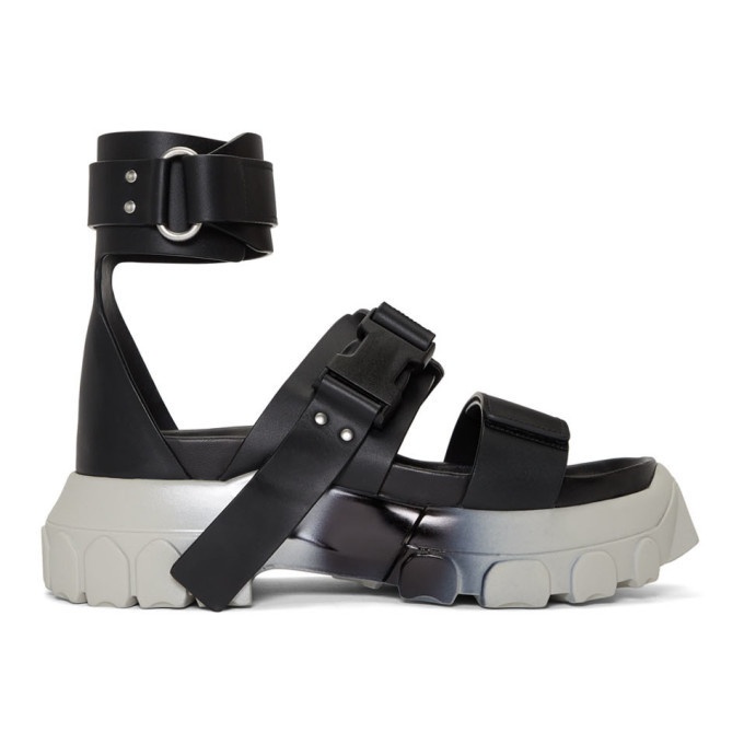 Rick Owens Black and Silver Ankle Strap Tractor Sandals Rick Owens